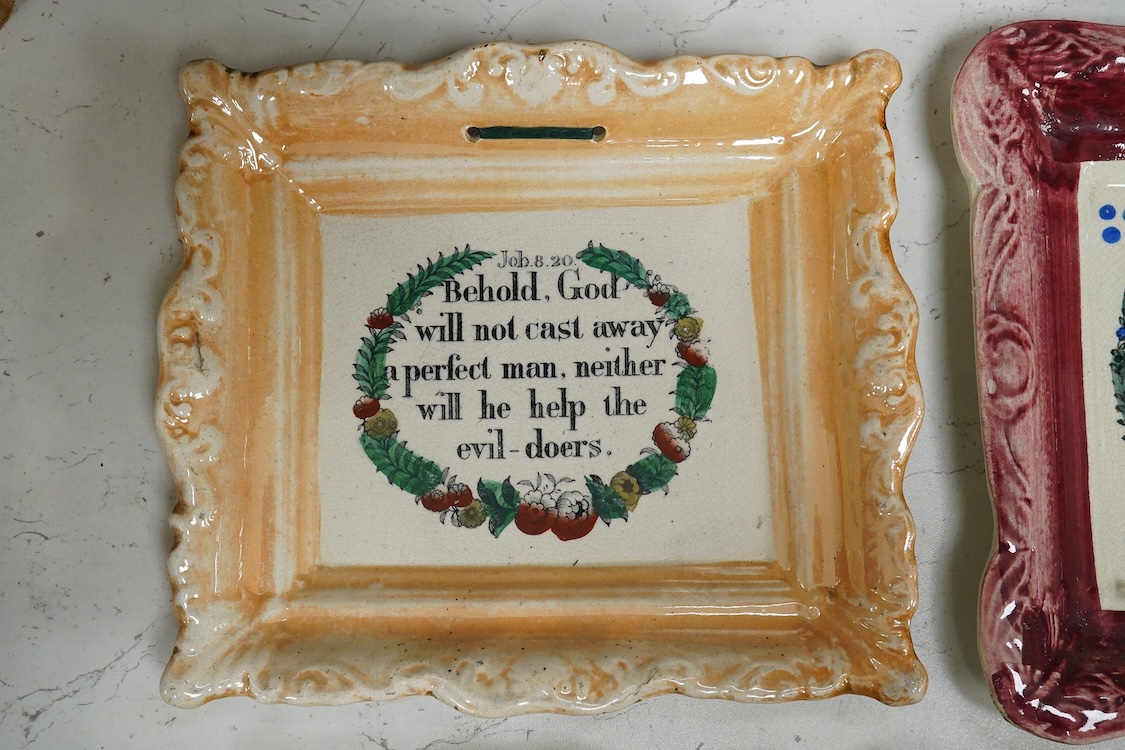 Five Victorian lustre religious wall plaques to include two ‘Prepare to meet thy god’, largest 24cm wide